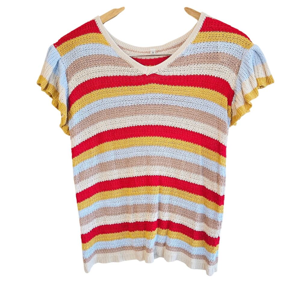 Size S – Rainbow Stripe Neutral Knit Ruffle Sleeve Tee